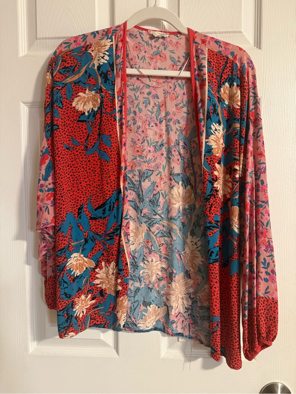 Mystree Floral Open-Front Cardigan in Red, Blue & Pink